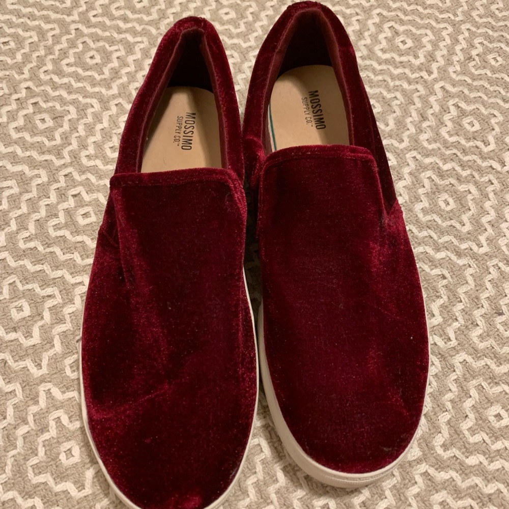 Maroon velvet slip on shoes